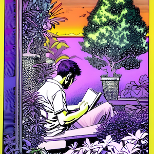 AIが作成した植物の部屋で本を読む男性の画像